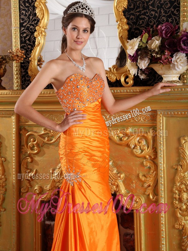 Orange Rhinestones and Ruche Decorated Mermaid Prom Dress with Zipper Up Back