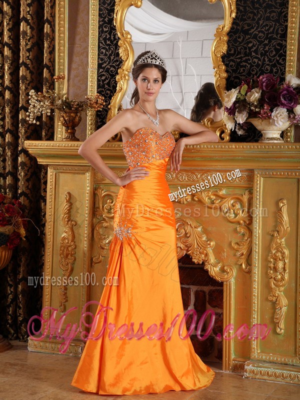 Orange Rhinestones and Ruche Decorated Mermaid Prom Dress with Zipper Up Back