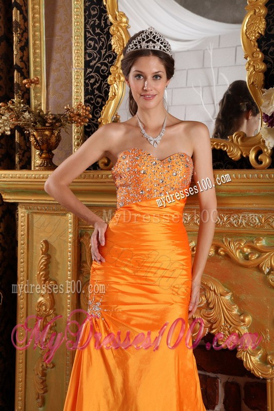 Orange Rhinestones and Ruche Decorated Mermaid Prom Dress with Zipper Up Back