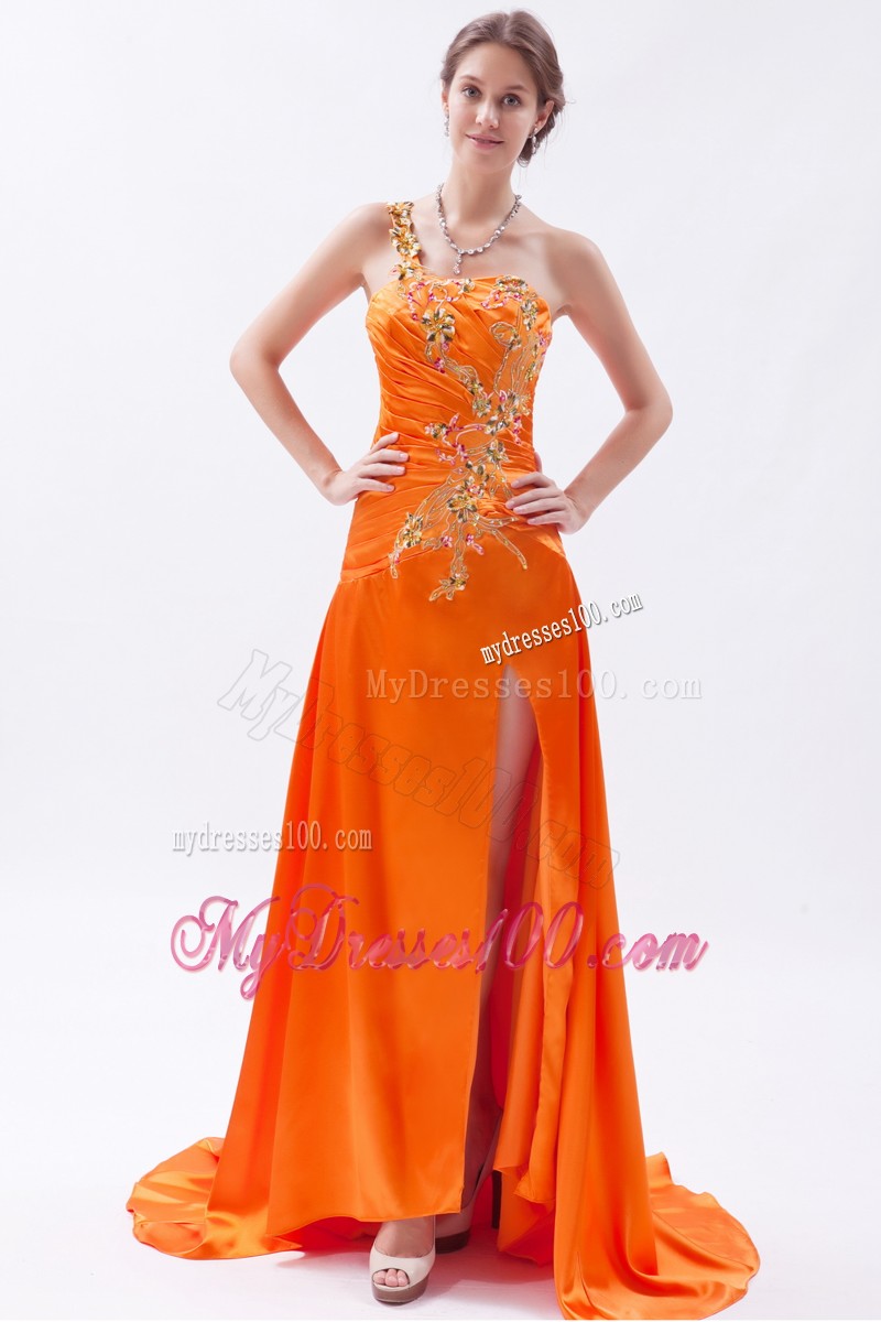 Special Appliques Ruche One Shoulder High Slit Evening Dress in Orange