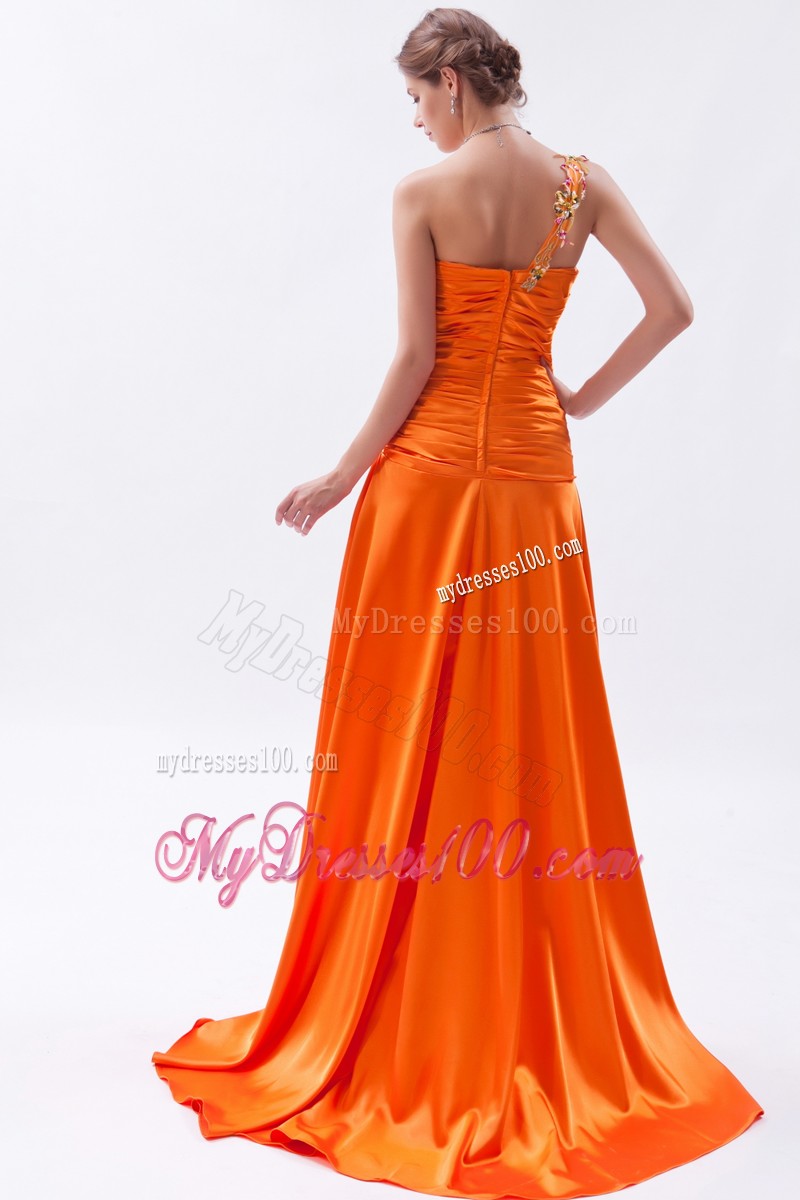 Special Appliques Ruche One Shoulder High Slit Evening Dress in Orange
