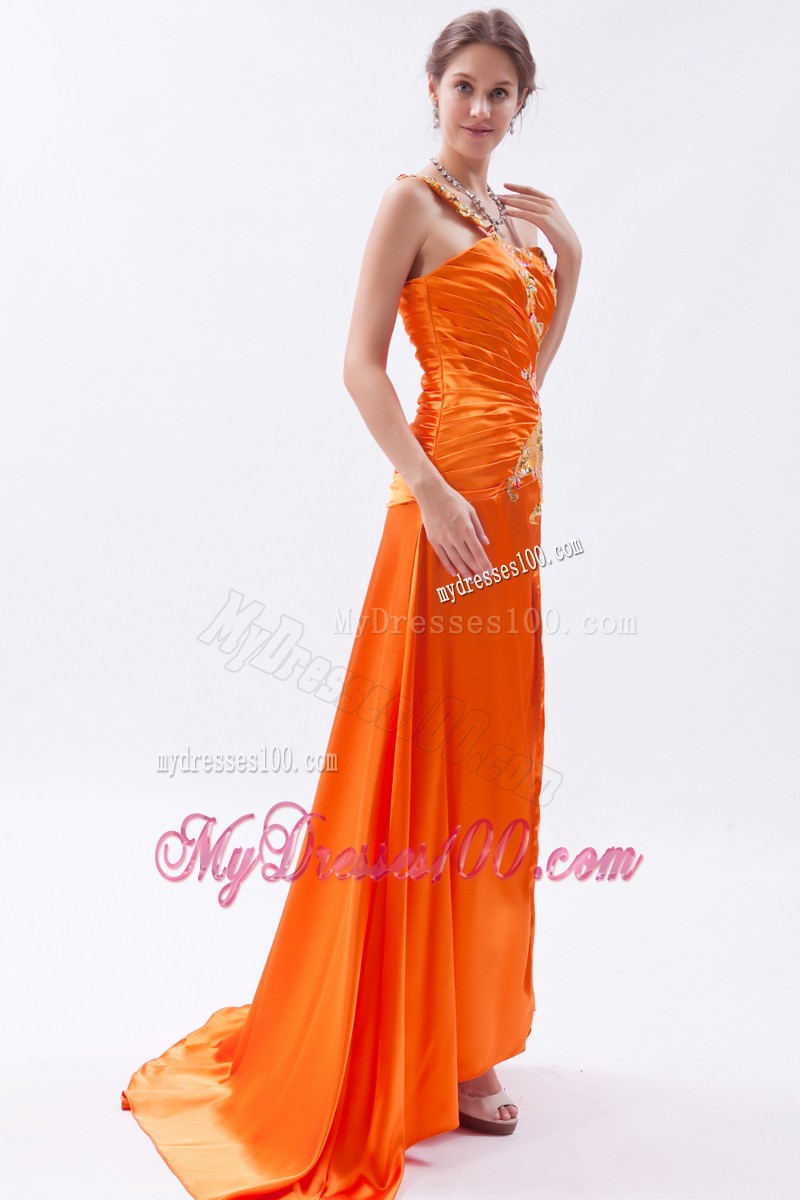 Special Appliques Ruche One Shoulder High Slit Evening Dress in Orange