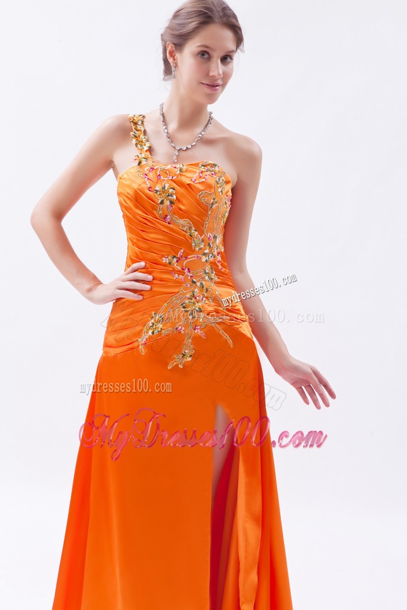 Special Appliques Ruche One Shoulder High Slit Evening Dress in Orange