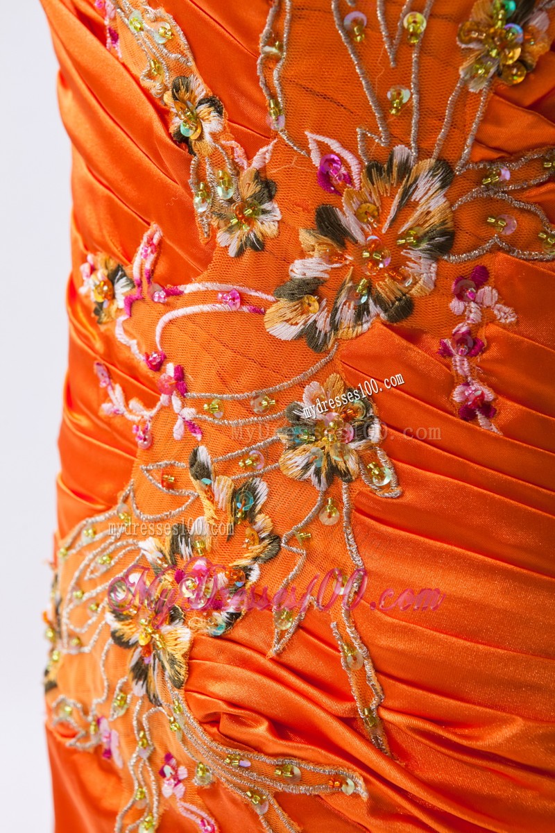 Special Appliques Ruche One Shoulder High Slit Evening Dress in Orange
