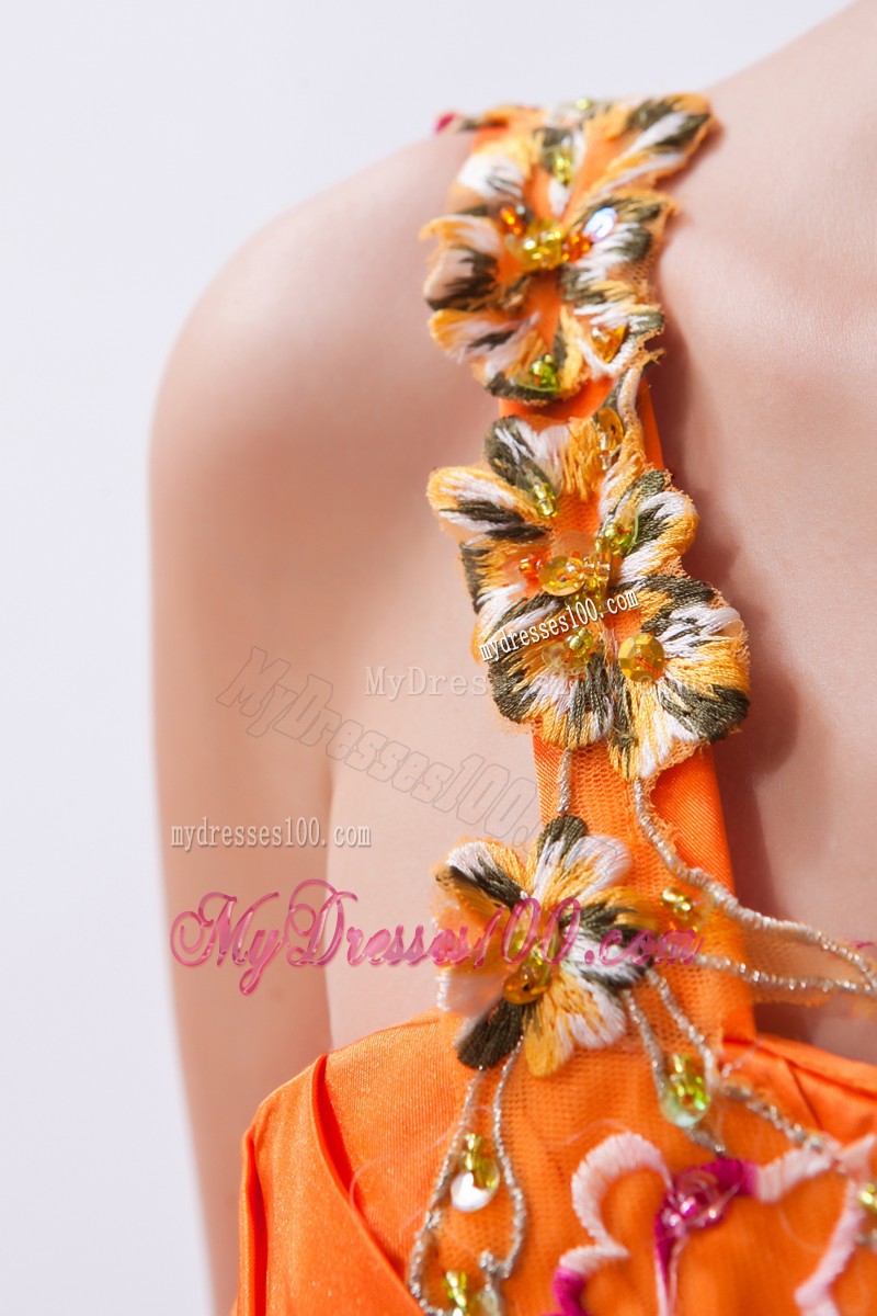 Special Appliques Ruche One Shoulder High Slit Evening Dress in Orange