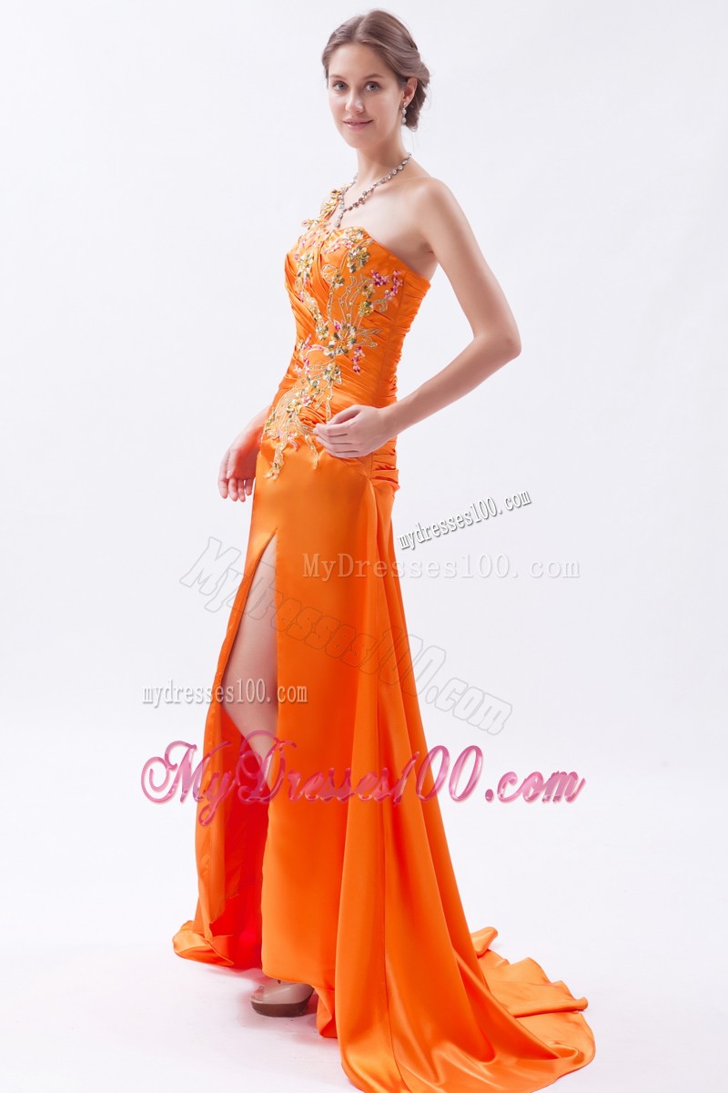 Special Appliques Ruche One Shoulder High Slit Evening Dress in Orange