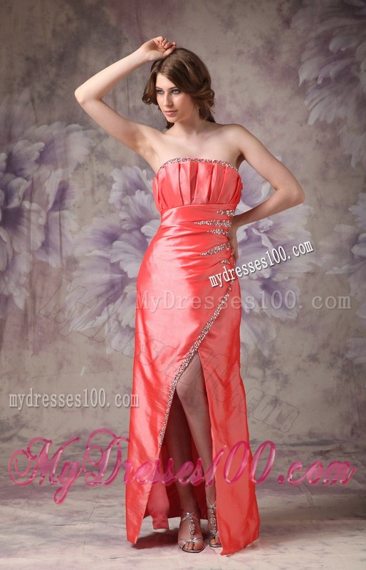 Strapless Orange Red Ruche and Beading Decorated High-low Prom Evening Dress