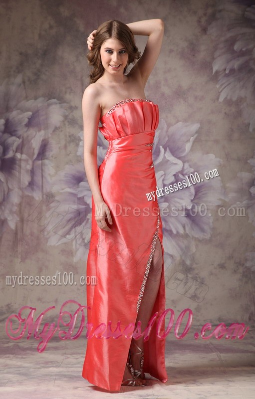 Strapless Orange Red Ruche and Beading Decorated High-low Prom Evening Dress