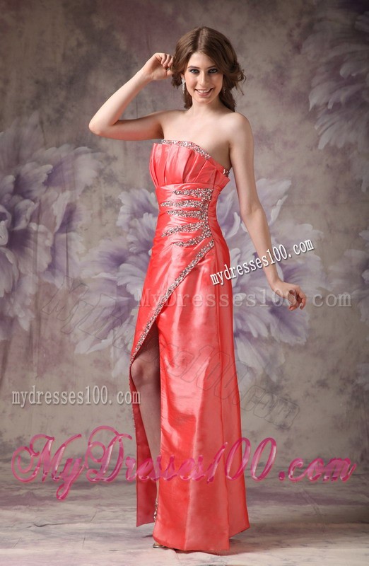 Strapless Orange Red Ruche and Beading Decorated High-low Prom Evening Dress