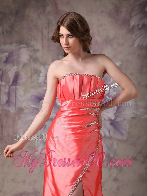 Strapless Orange Red Ruche and Beading Decorated High-low Prom Evening Dress