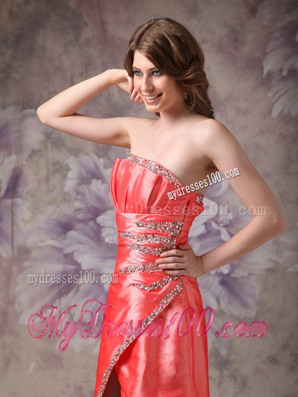 Strapless Orange Red Ruche and Beading Decorated High-low Prom Evening Dress