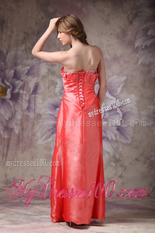 Strapless Orange Red Ruche and Beading Decorated High-low Prom Evening Dress