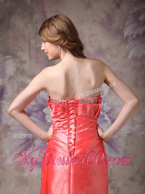 Strapless Orange Red Ruche and Beading Decorated High-low Prom Evening Dress