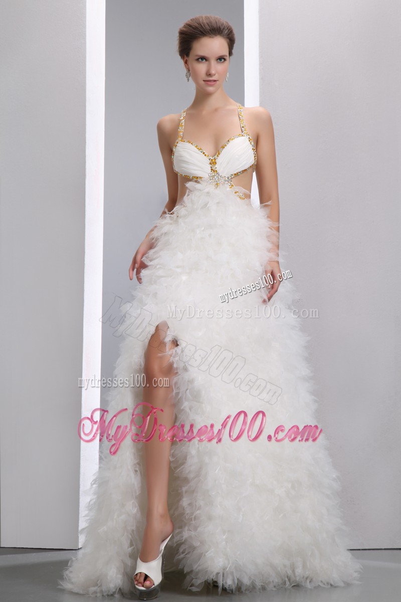 Sexy Brush White Back Less Prom Gown with Fluffy Skirt
