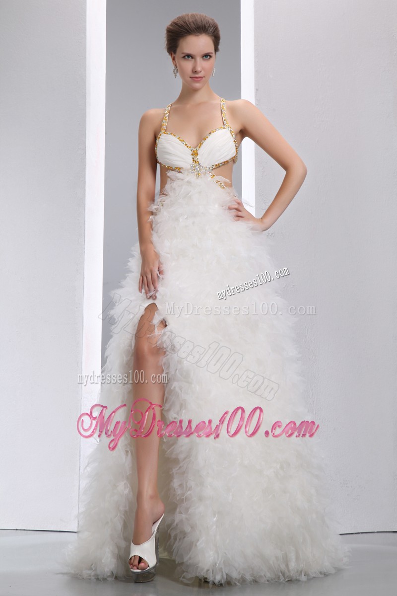 Sexy Brush White Back Less Prom Gown with Fluffy Skirt