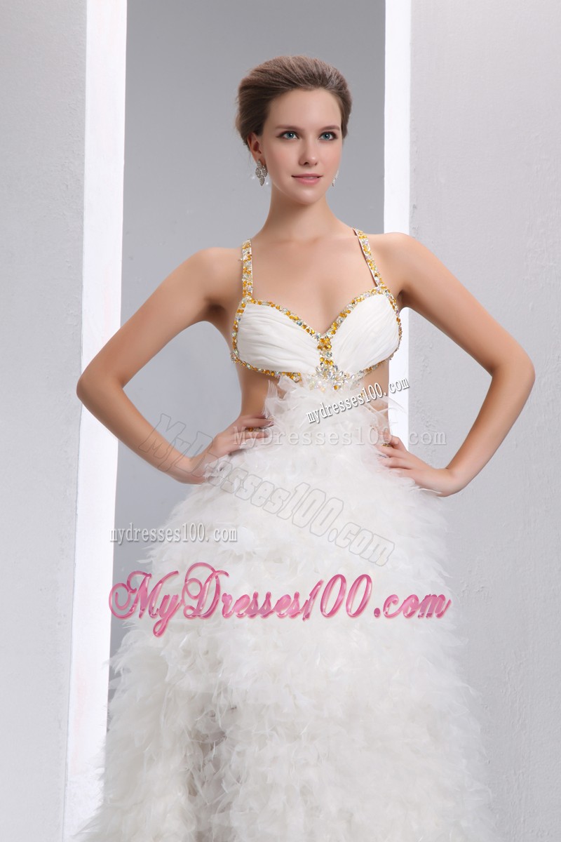 Sexy Brush White Back Less Prom Gown with Fluffy Skirt