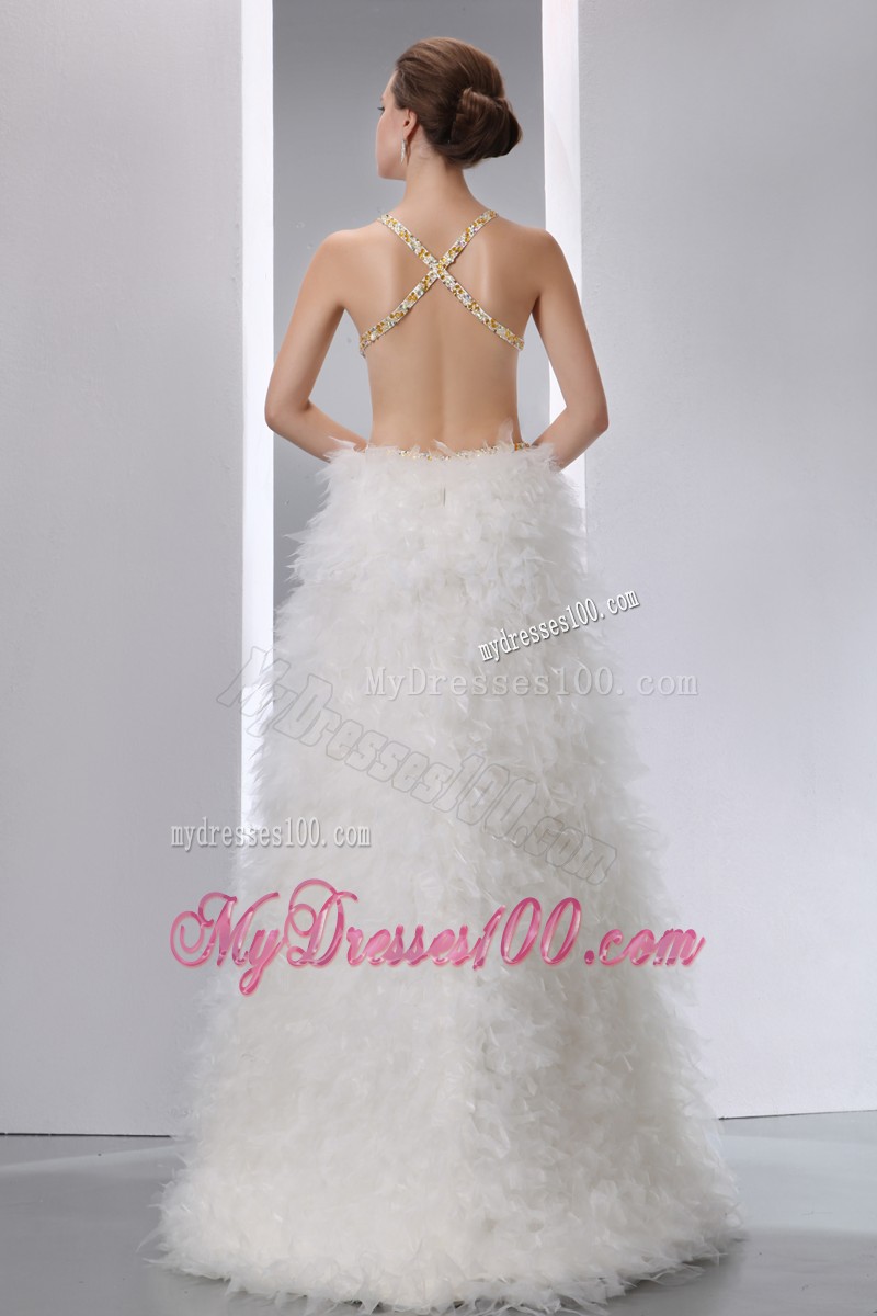 Sexy Brush White Back Less Prom Gown with Fluffy Skirt