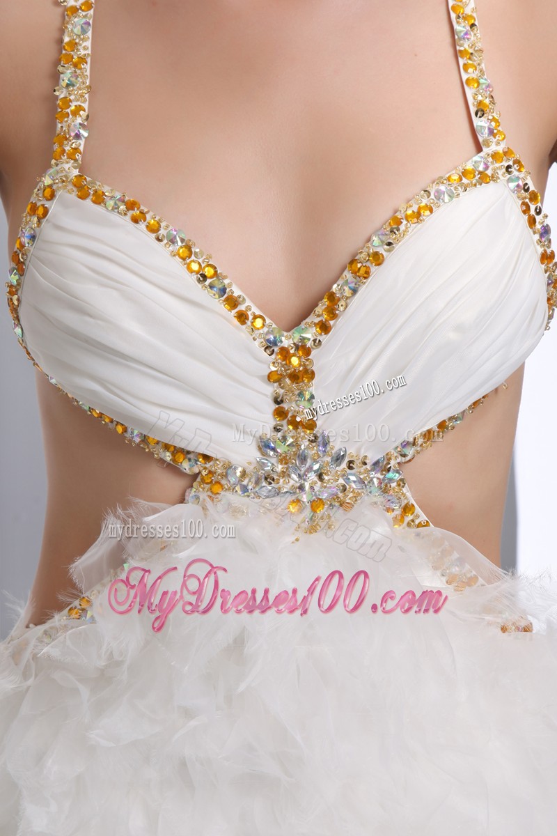 Sexy Brush White Back Less Prom Gown with Fluffy Skirt