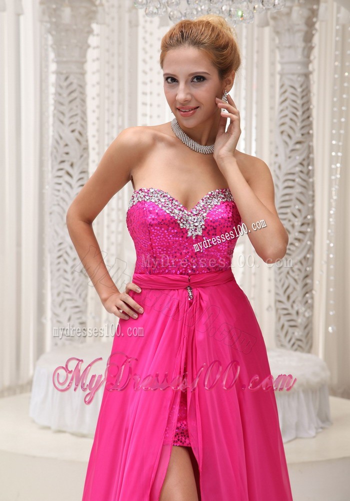 Hot Pink Detachable Beaded Sweetheart Prom Gown Dresses with High Slit