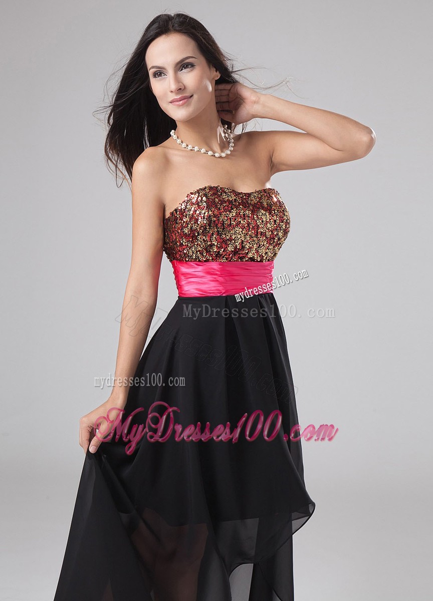 Paillette Bodice Asymmetrical Prom Dress with Pink Bowknot