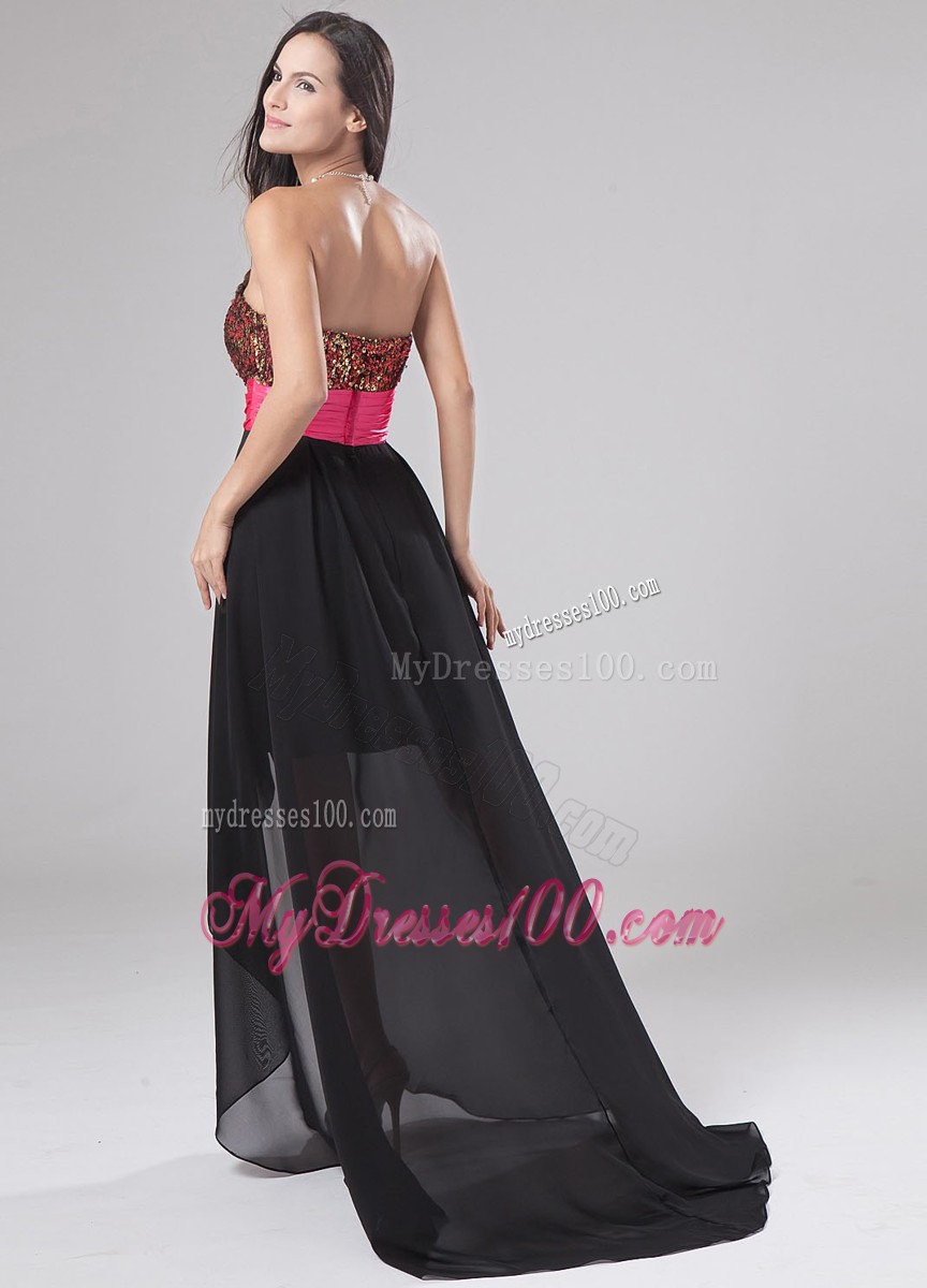 Paillette Bodice Asymmetrical Prom Dress with Pink Bowknot