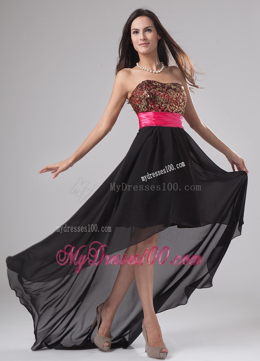 Paillette Bodice Asymmetrical Prom Dress with Pink Bowknot