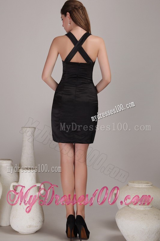 Mini-Length Black Column V-neck Prom Homecoming Dress with Criss Cross Back
