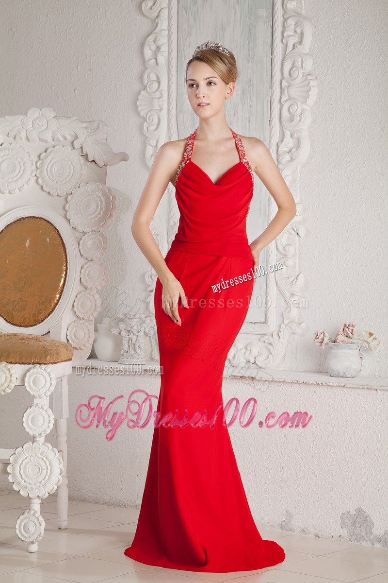 Red Mermaid Halter Ruched and Beaded Prom Evening Dress with Back Out