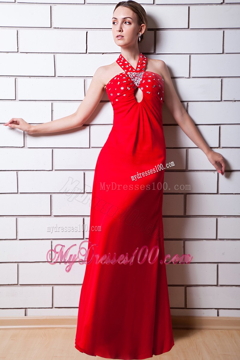 Floor-length Red Empire Halter Rhinestone Prom Dress with Criss Cross Back