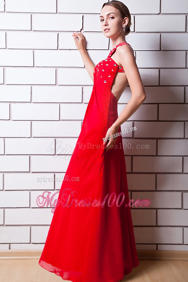 Floor-length Red Empire Halter Rhinestone Prom Dress with Criss Cross Back