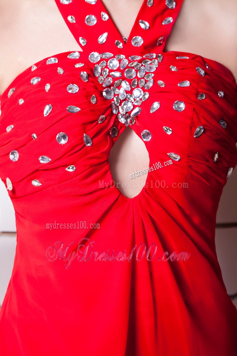 Floor-length Red Empire Halter Rhinestone Prom Dress with Criss Cross Back