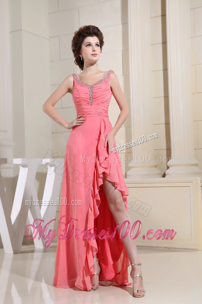 Ruched Bodice and Straps for High -Low Watermelon Prom Dress with Ruffled Hem
