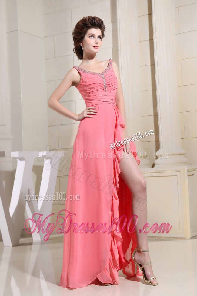 Ruched Bodice and Straps for High -Low Watermelon Prom Dress with Ruffled Hem