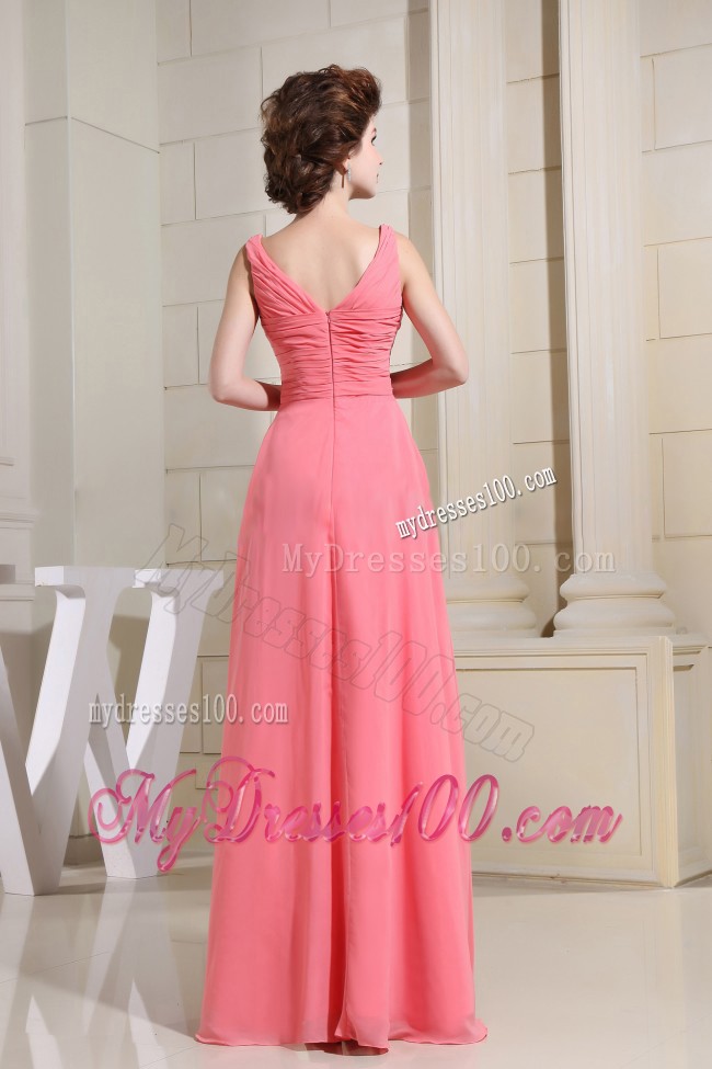 Ruched Bodice and Straps for High -Low Watermelon Prom Dress with Ruffled Hem