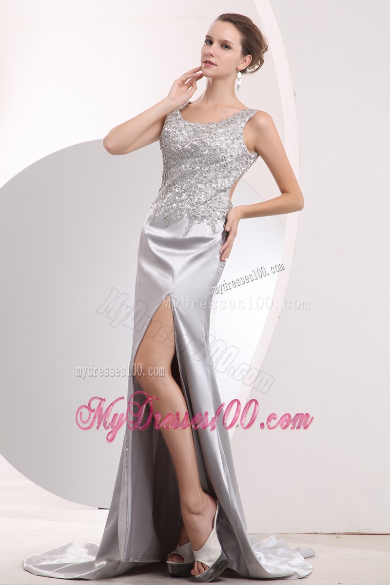 Silver Beaded Prom Dresses with Beading and High Slit