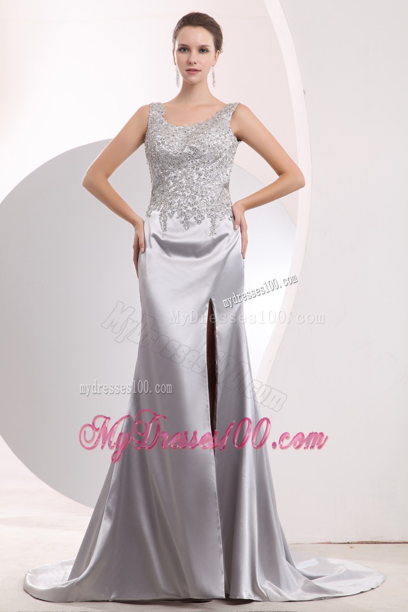 Silver Beaded Prom Dresses with Beading and High Slit