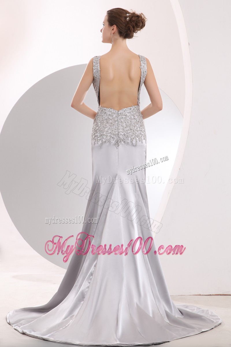 Silver Beaded Prom Dresses with Beading and High Slit