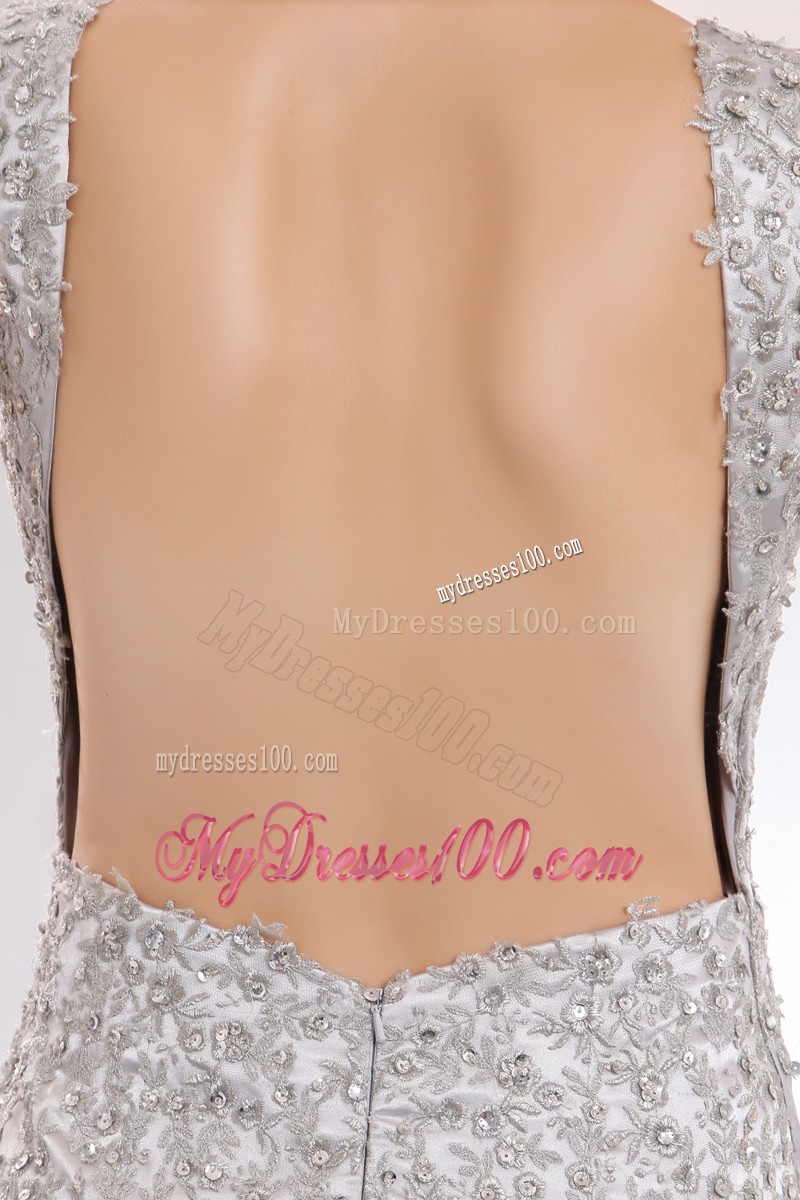 Silver Beaded Prom Dresses with Beading and High Slit