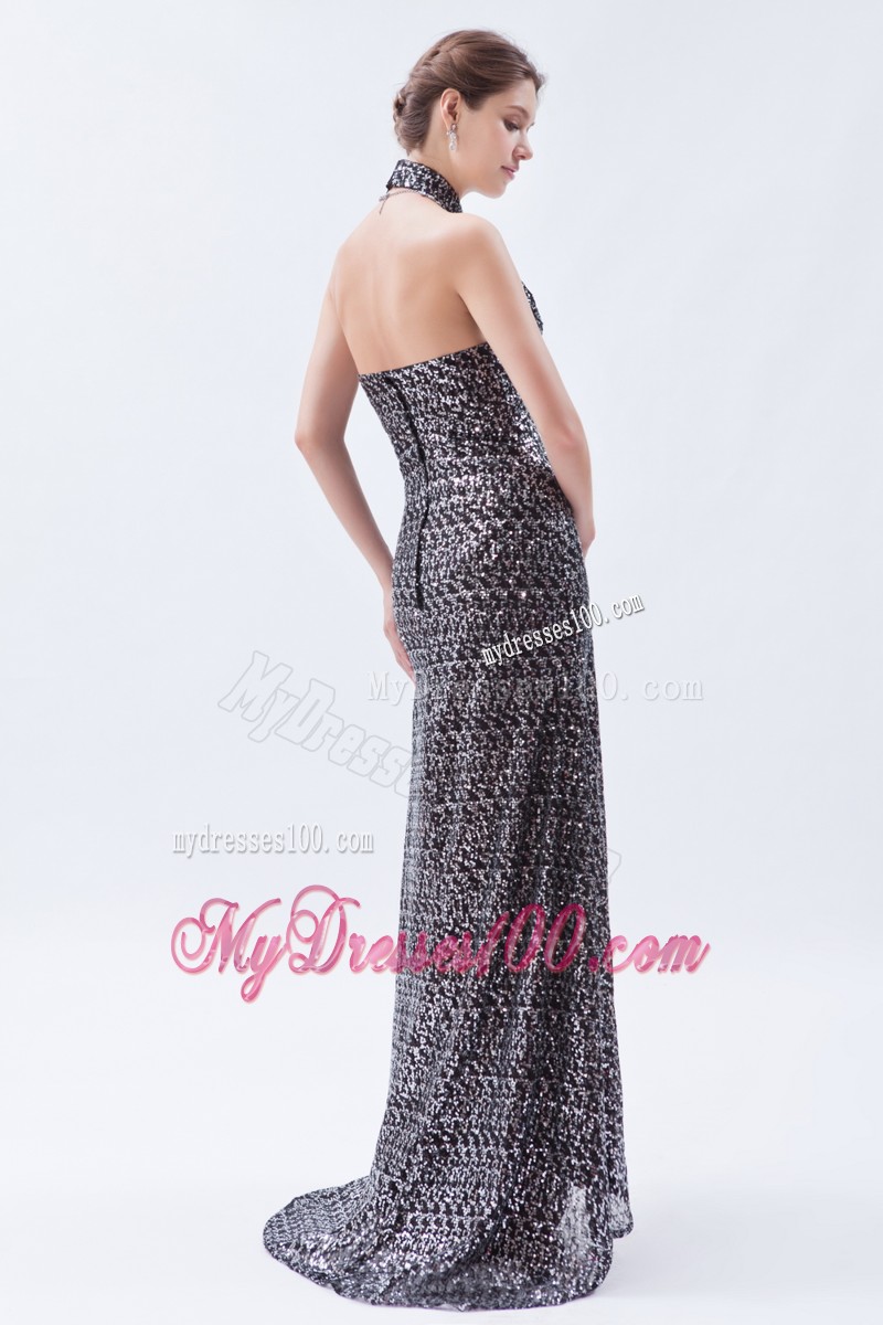High-neck Sweep Train Silver and Black Evening Dresses for Celebrity with Cutouts