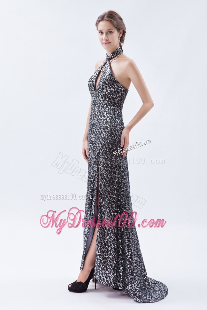High-neck Sweep Train Silver and Black Evening Dresses for Celebrity with Cutouts