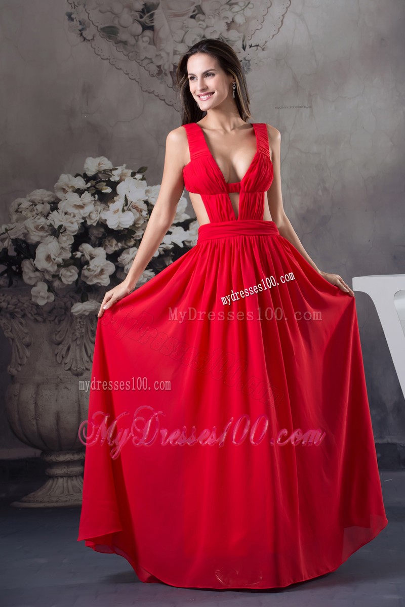 Sexy Plunging V-neck Straps Red Evening Party Dresses with Side Cut Out