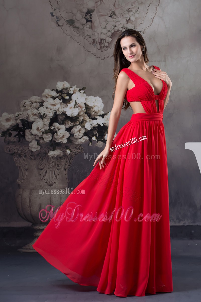 Sexy Plunging V-neck Straps Red Evening Party Dresses with Side Cut Out