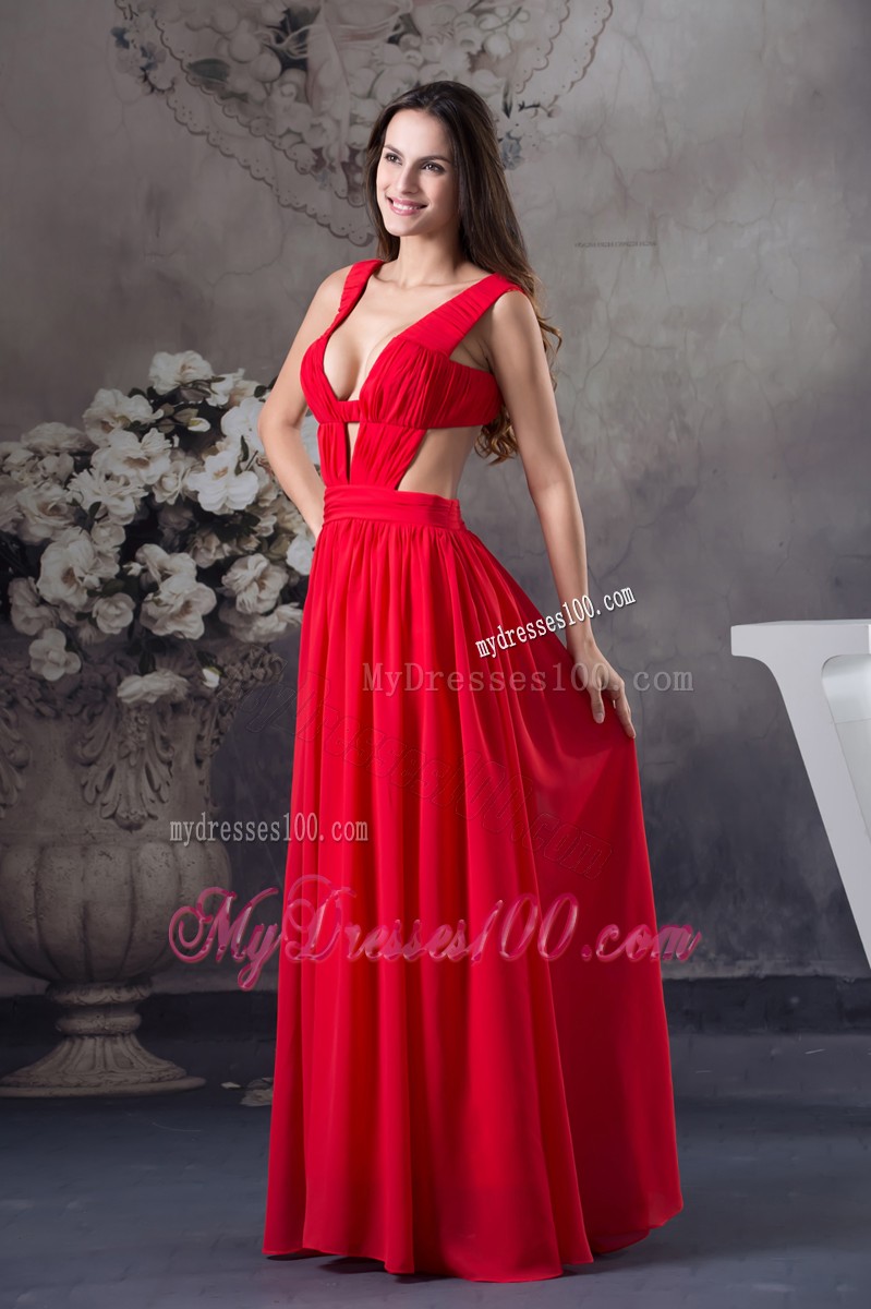 Sexy Plunging V-neck Straps Red Evening Party Dresses with Side Cut Out