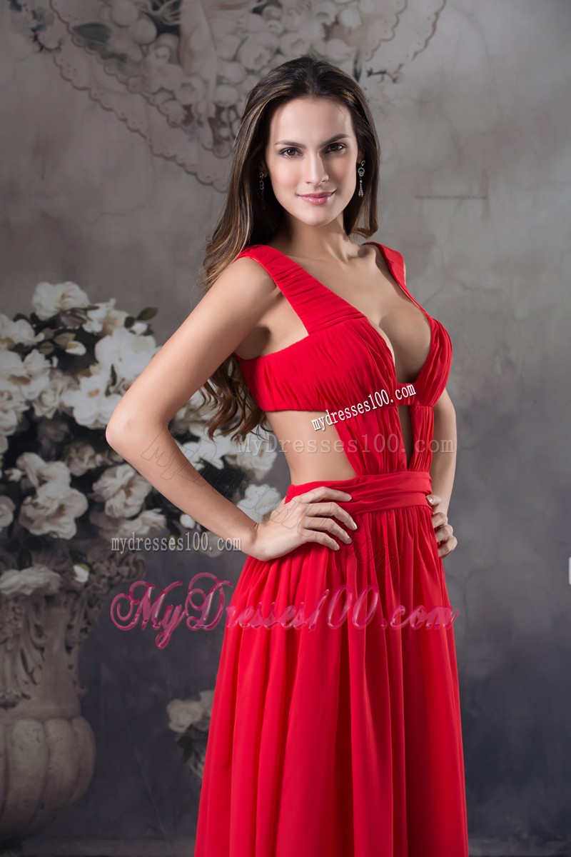Sexy Plunging V-neck Straps Red Evening Party Dresses with Side Cut Out
