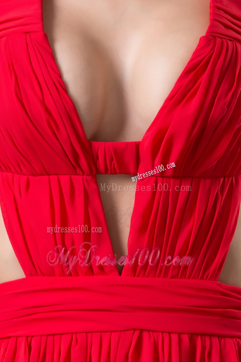 Sexy Plunging V-neck Straps Red Evening Party Dresses with Side Cut Out
