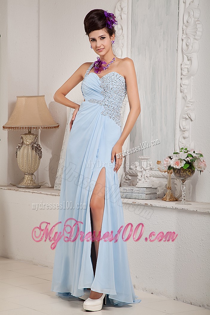 Light Blue Column One Shoulder Prom Dress with Slits on the Side