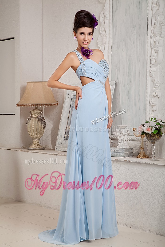 Light Blue Column One Shoulder Prom Dress with Slits on the Side