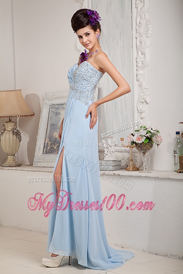 Light Blue Column One Shoulder Prom Dress with Slits on the Side