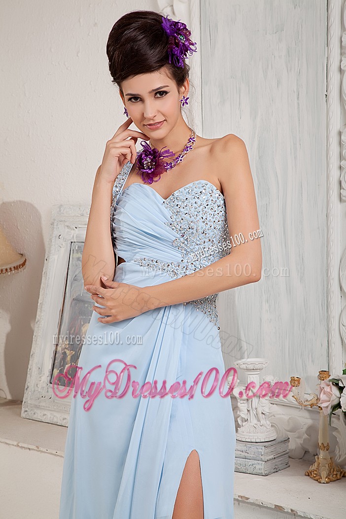 Light Blue Column One Shoulder Prom Dress with Slits on the Side