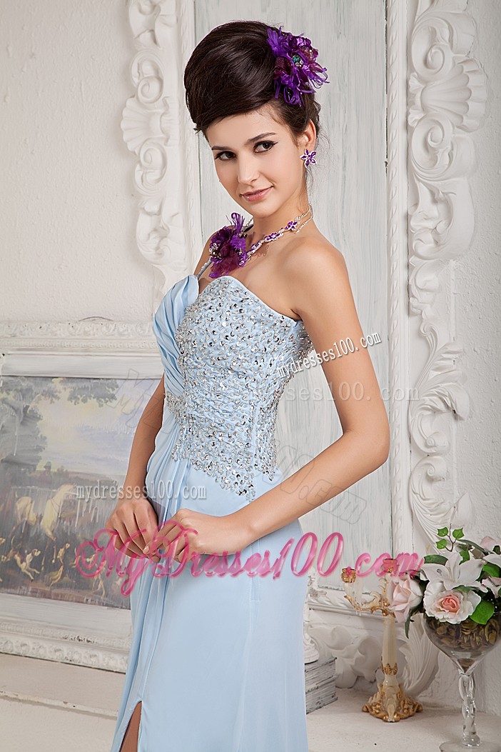 Light Blue Column One Shoulder Prom Dress with Slits on the Side